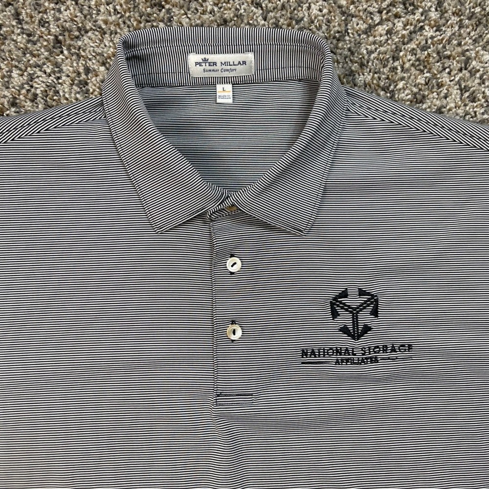 Peter Millar Summer Comfort Men's Large Polo Shirt Navy White Stripe Golf Logo